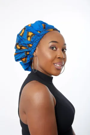 African Blue Bulb Print Ankara Extra large satin lined Bonnet