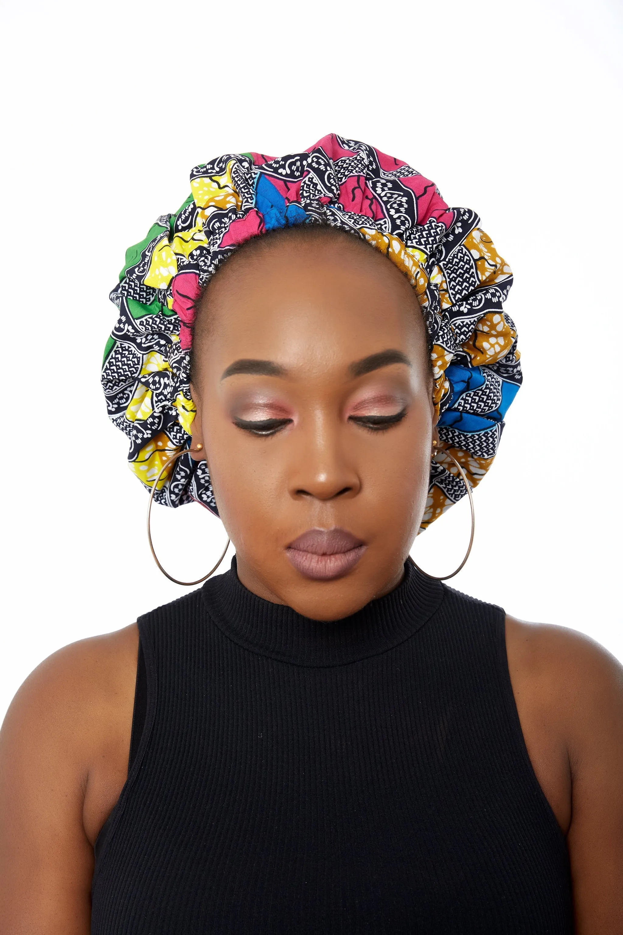 African Blue Bulb Print Ankara Extra large satin lined Bonnet