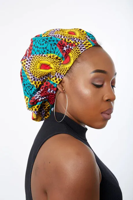 African Blue Bulb Print Ankara Extra large satin lined Bonnet