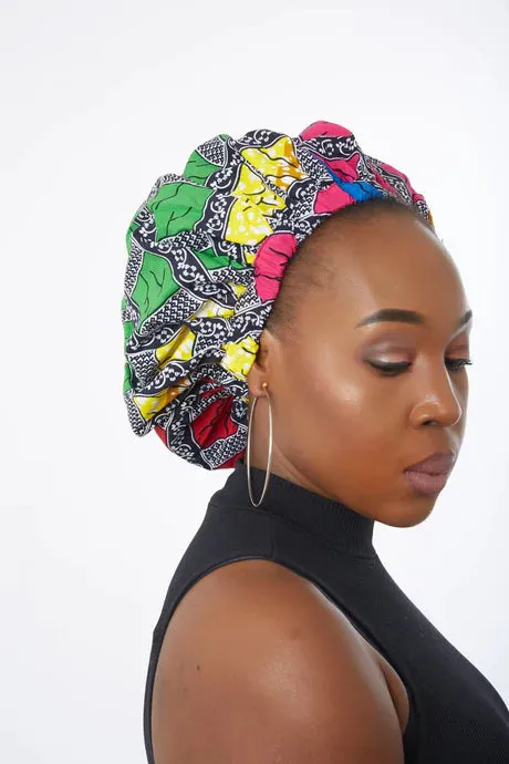 African Blue Bulb Print Ankara Extra large satin lined Bonnet