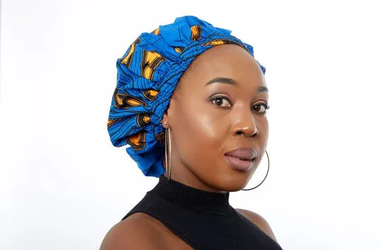 African Blue Bulb Print Ankara Extra large satin lined Bonnet