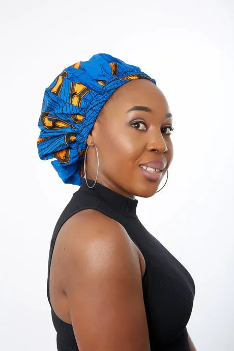 African Blue Bulb Print Ankara Extra large satin lined Bonnet