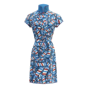 【BARBER TWIRL】100% Silk Cheongsam (Cap Sleeve) (香港經典) (轉轉燈) (紅白藍)