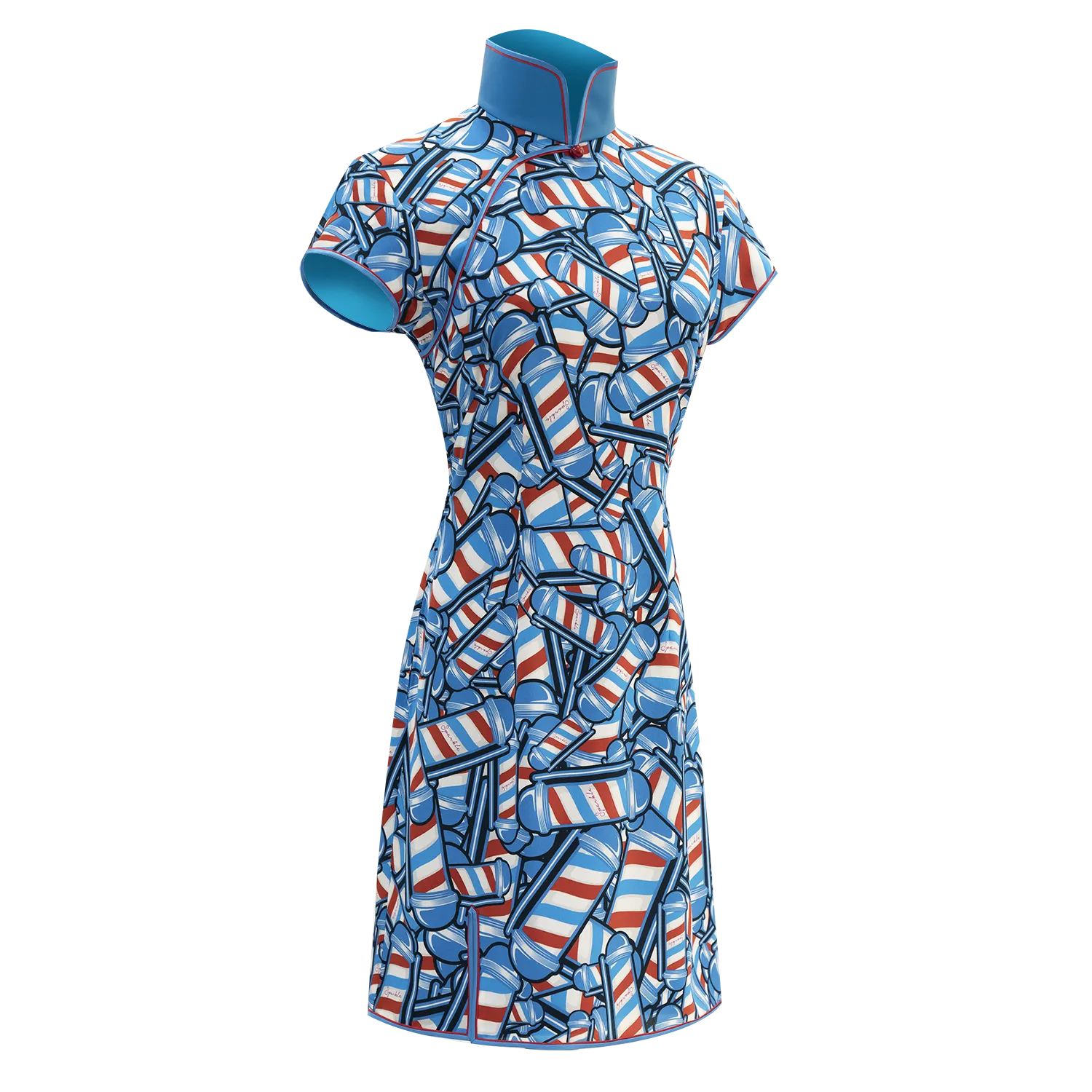 【BARBER TWIRL】Masterpiece Collection 100% Silk Cheongsam (Cap Sleeve / Regular Fit) (香港經典) (轉轉燈) (紅白藍)