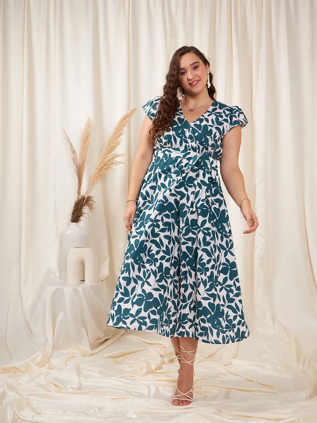 Berrylush Women Plus Size White & Teal Floral Printed V-Neck Tie-Up Waist Thigh-High Slit Flared Wrap Midi Dress