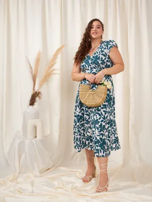 Berrylush Women Plus Size White & Teal Floral Printed V-Neck Tie-Up Waist Thigh-High Slit Flared Wrap Midi Dress
