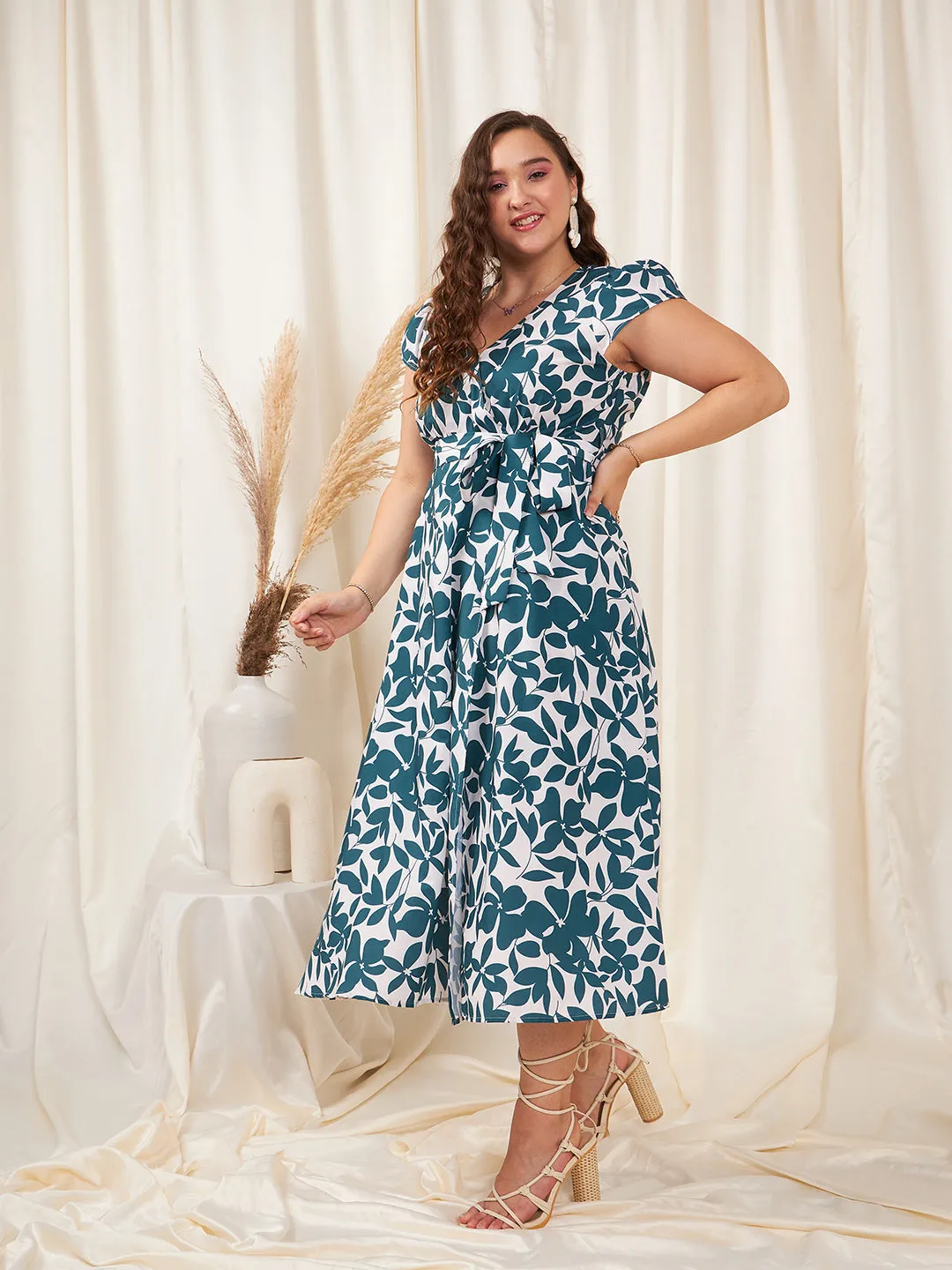 Berrylush Women Plus Size White & Teal Floral Printed V-Neck Tie-Up Waist Thigh-High Slit Flared Wrap Midi Dress