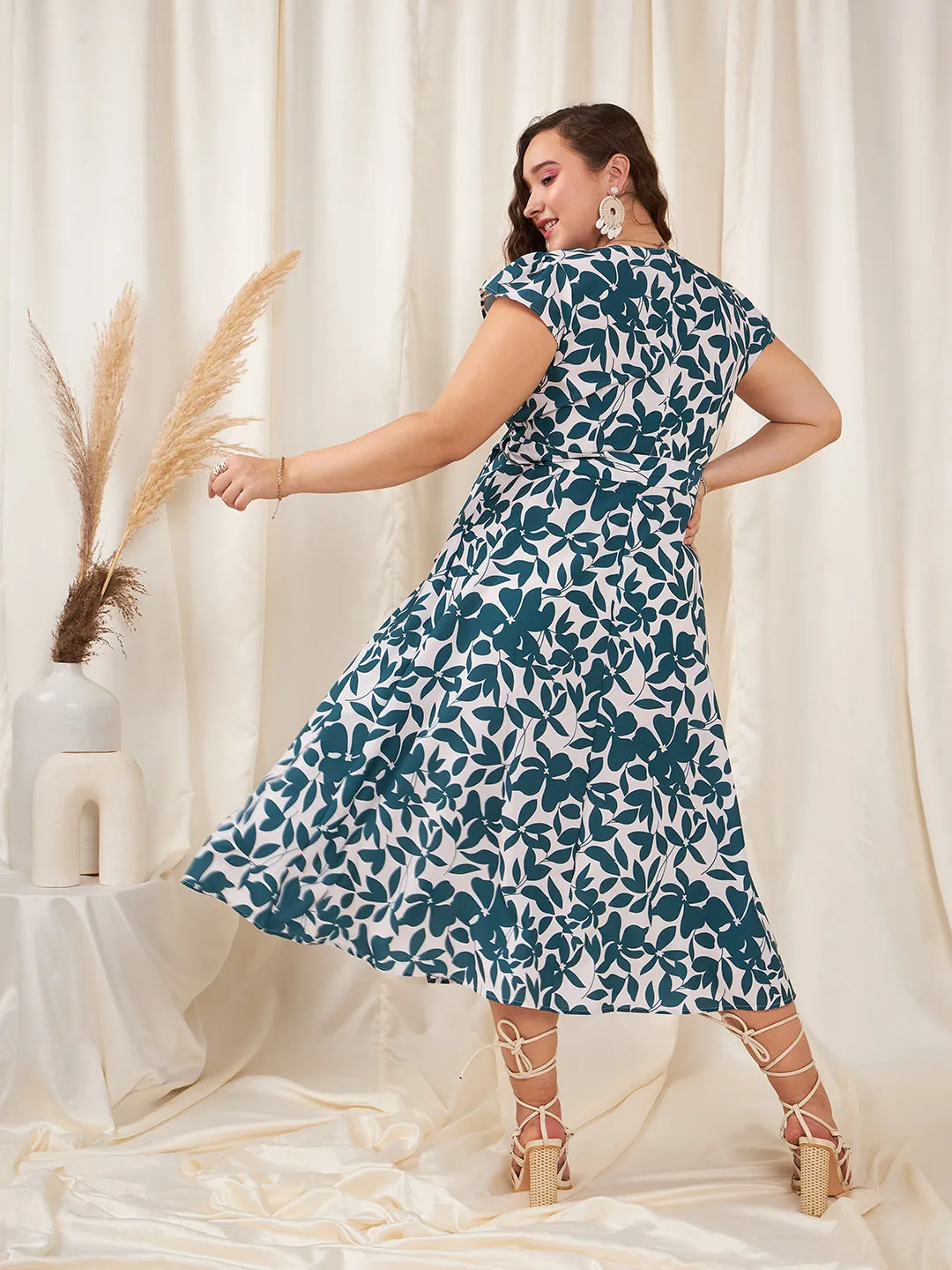 Berrylush Women Plus Size White & Teal Floral Printed V-Neck Tie-Up Waist Thigh-High Slit Flared Wrap Midi Dress