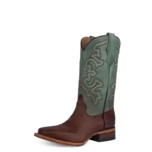 Corral Teen Brown/Green Embroidered Square Toe