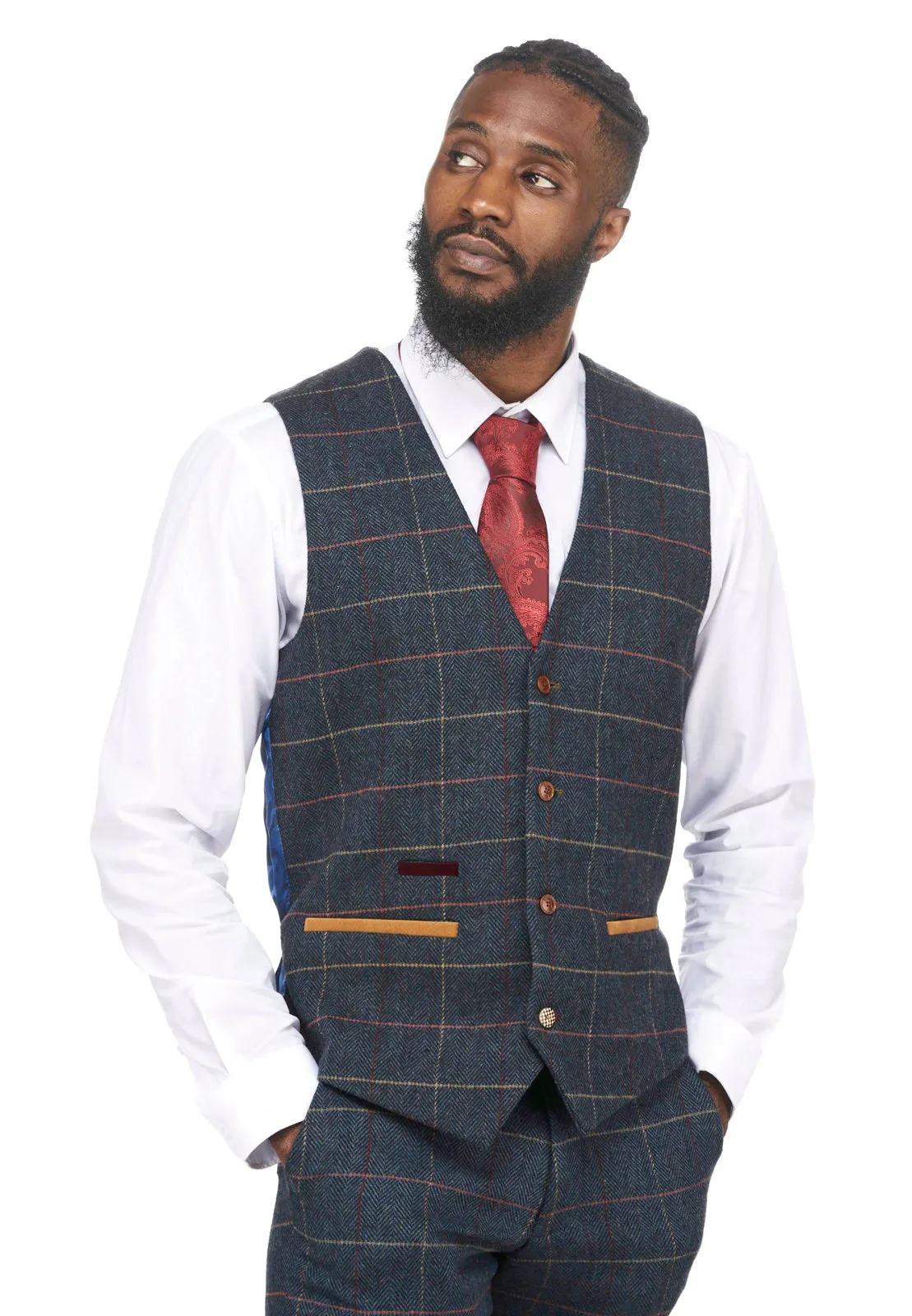 Eton Navy Blue Check Tweed Waistcoat :- Tweed Waistcoat