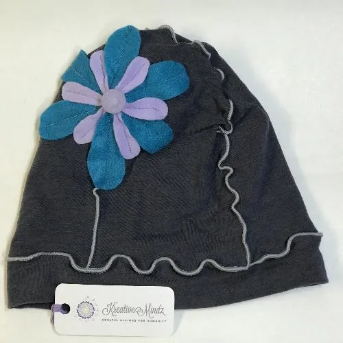 Flower Beanie Hat in Grey, Blue and Purple