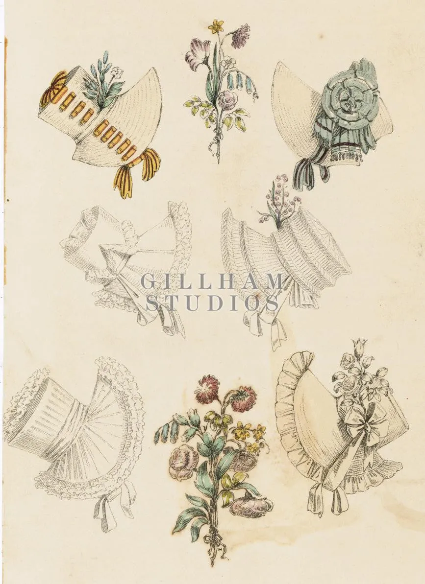 Multiple bonnets and flower arrangements