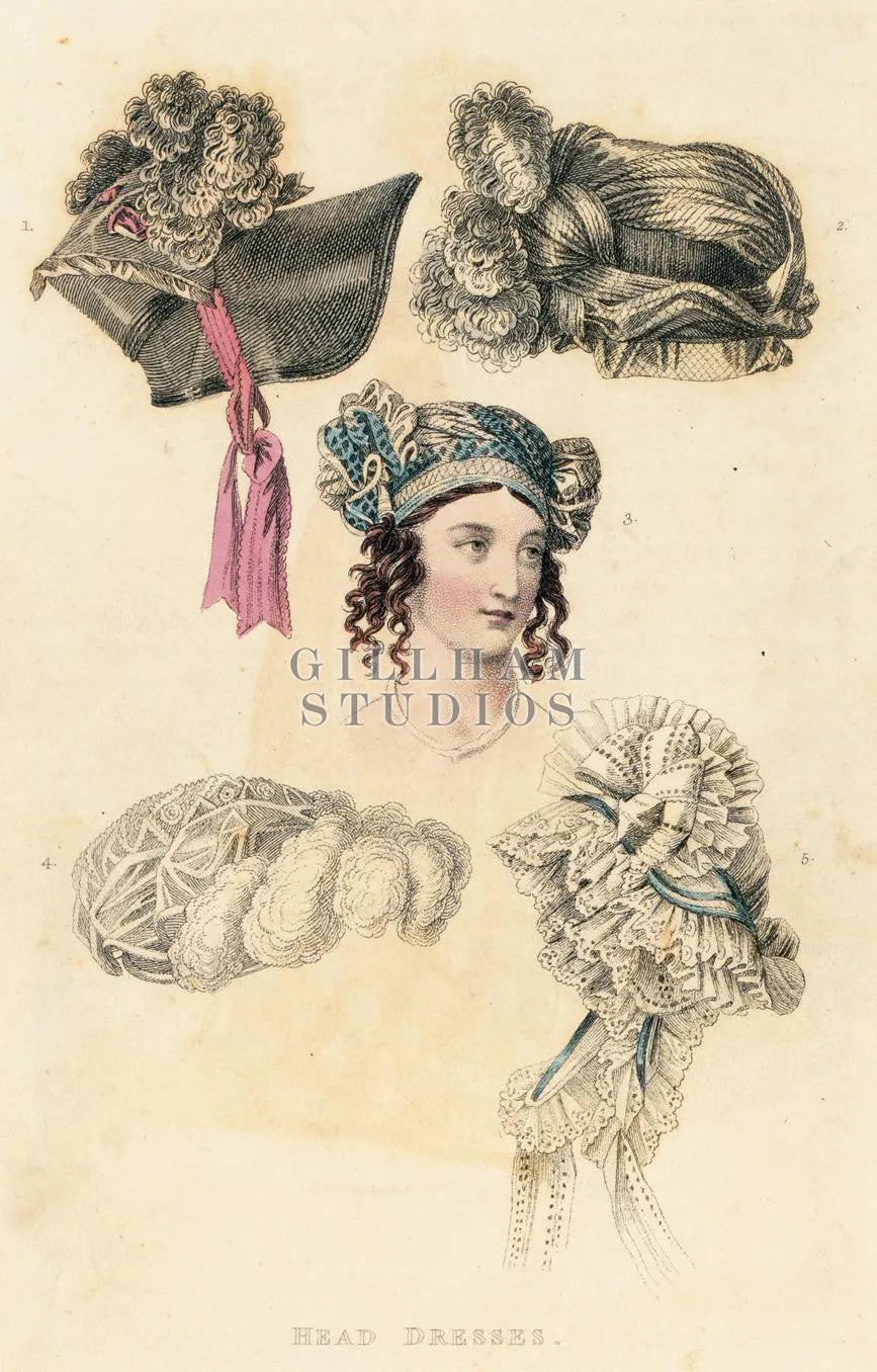 Multiple Victorian hats and bonnets