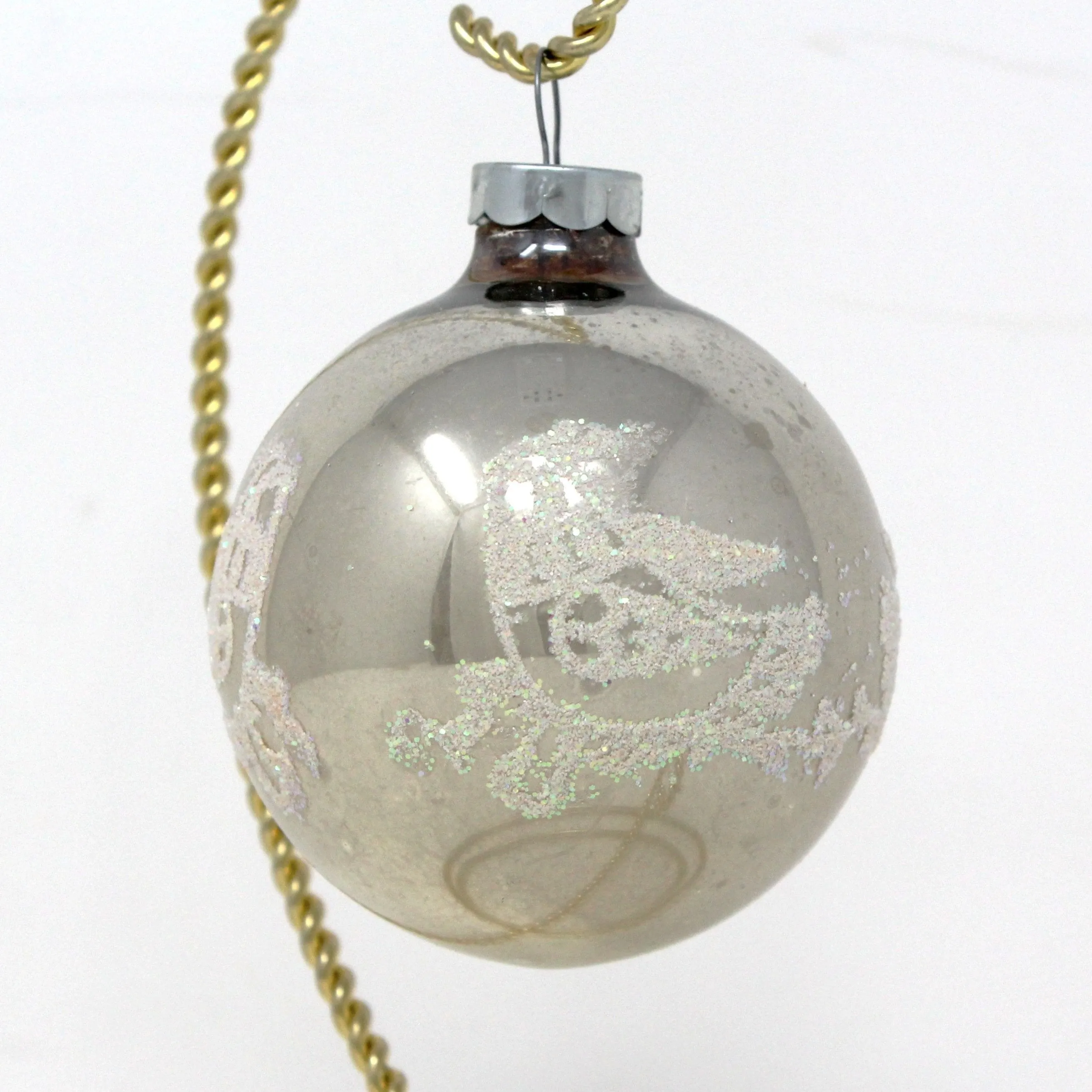 Ornaments, Glass Ball, Silver with Stenciled Bird / Partridge, White Glitter, Original, Vintage
