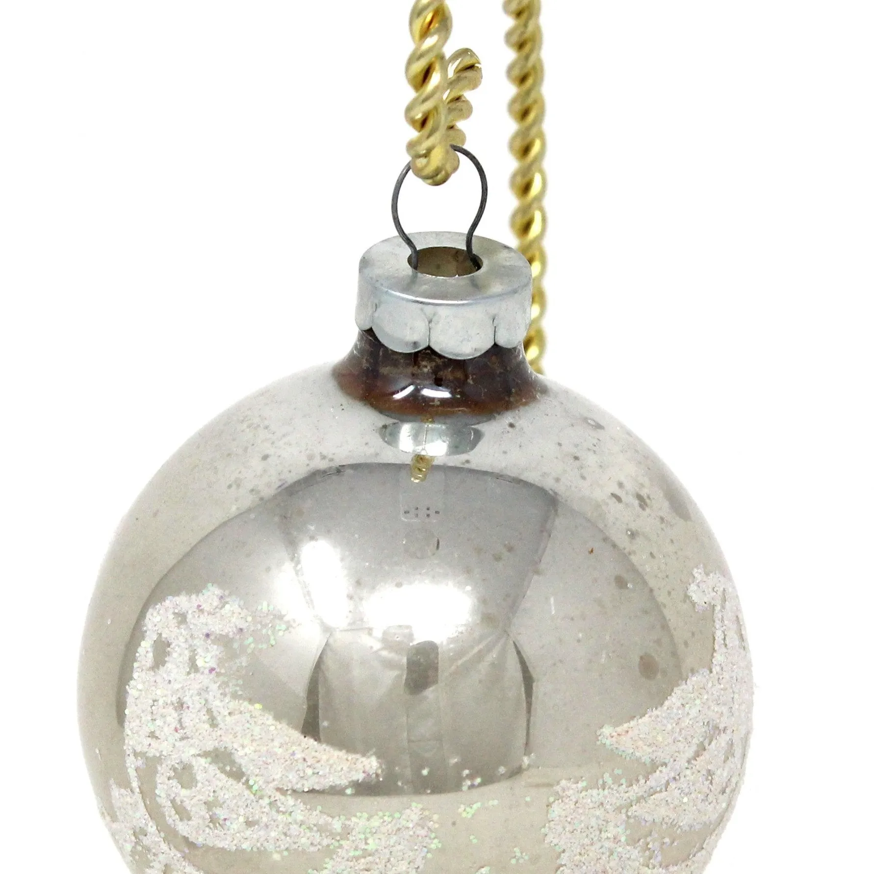 Ornaments, Glass Ball, Silver with Stenciled Bird / Partridge, White Glitter, Original, Vintage