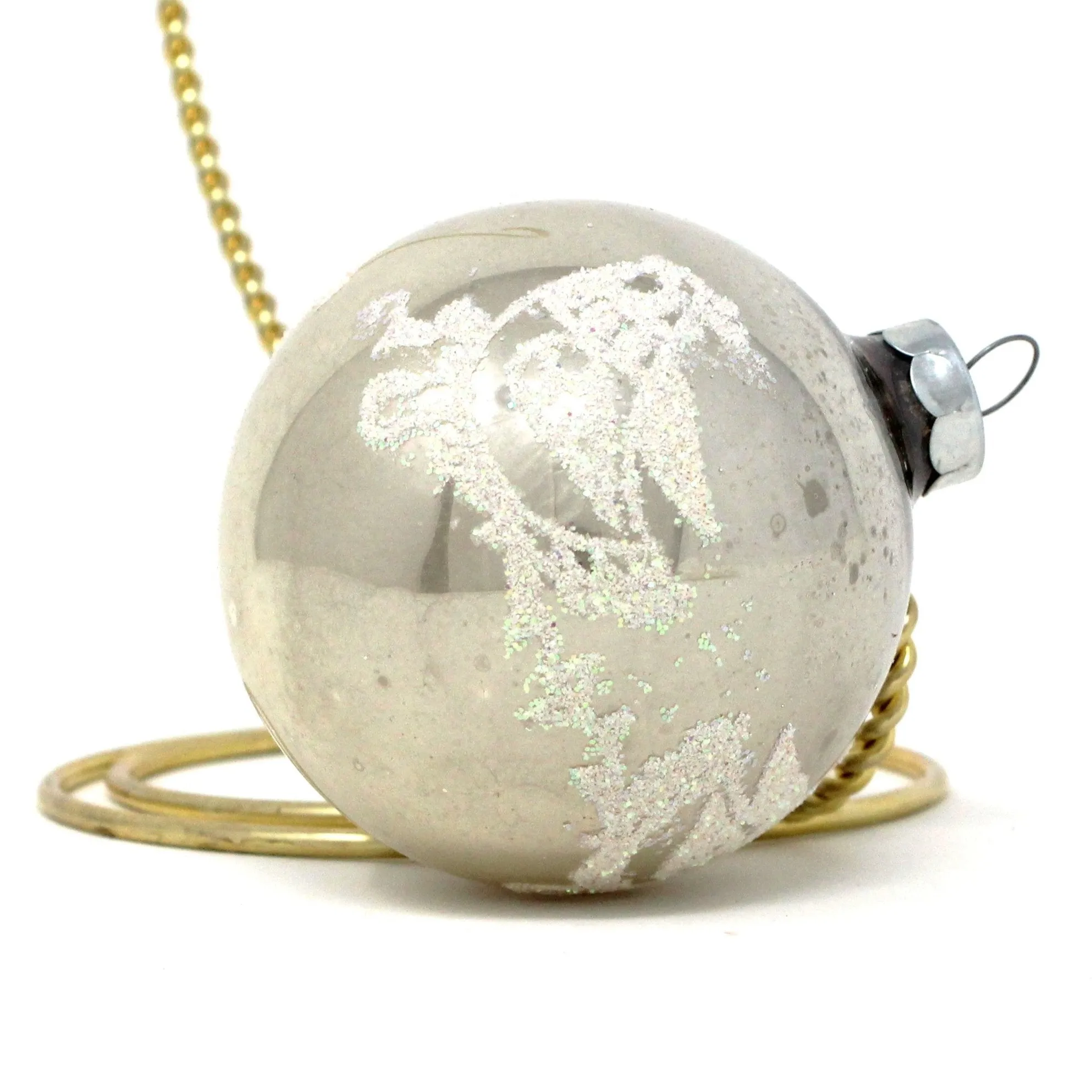 Ornaments, Glass Ball, Silver with Stenciled Bird / Partridge, White Glitter, Original, Vintage