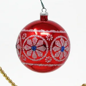 Ornaments, Yuletide, Red, White & Blue Ball Ornament, Stenciled Glitter, Unbreakable, Vintage Italy