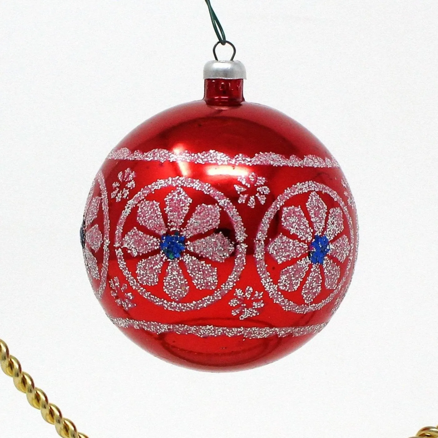 Ornaments, Yuletide, Red, White & Blue Ball Ornament, Stenciled Glitter, Unbreakable, Vintage Italy