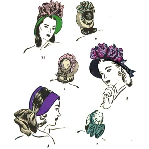 PDF - 1940s Pattern, Set of Hats & Bonnets -  Hat 21"(53cm) - Instantly Print at Home