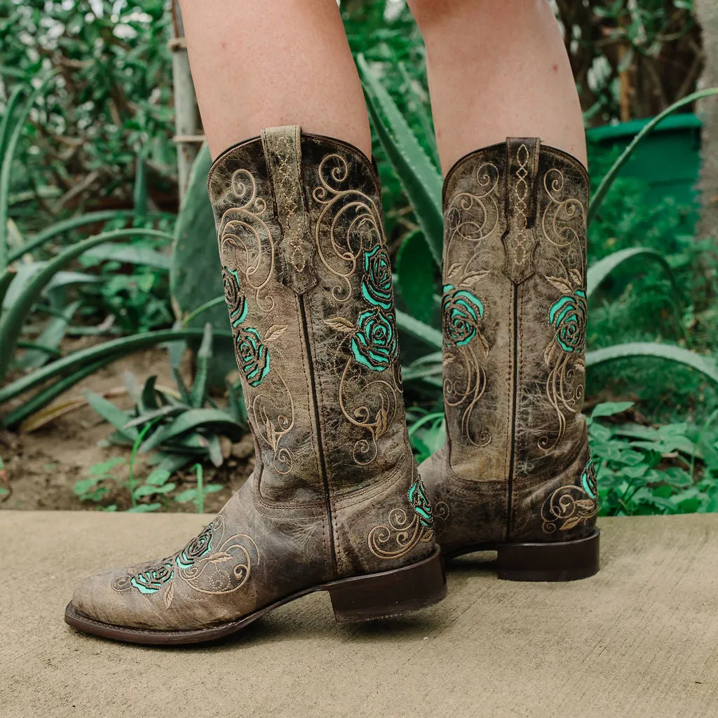 Soto Boots Square Toe Turquoise Rose Country Cowgirl Boots M50032