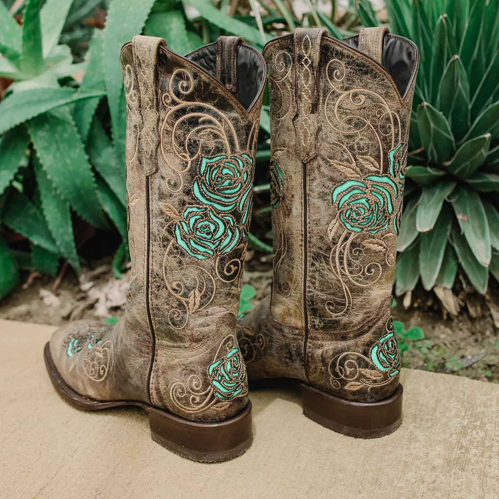 Soto Boots Square Toe Turquoise Rose Country Cowgirl Boots M50032