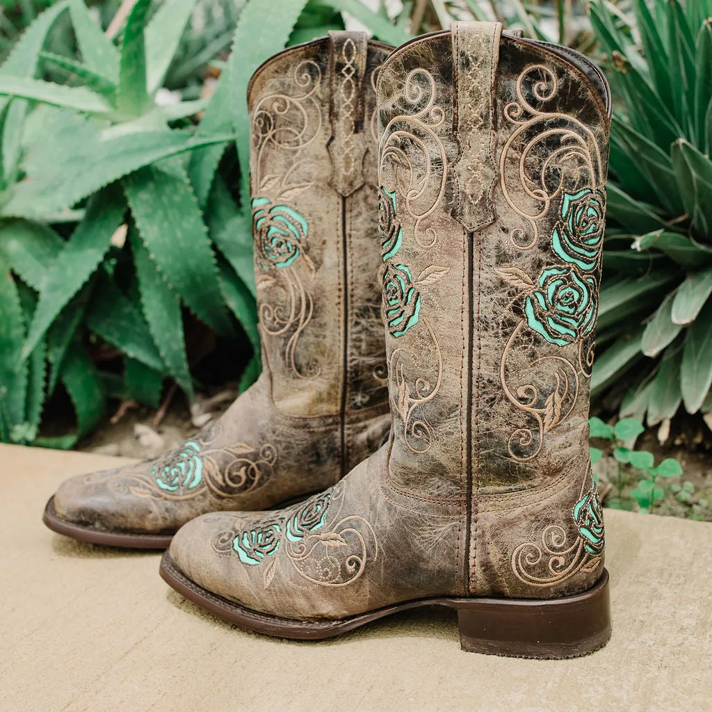 Soto Boots Square Toe Turquoise Rose Country Cowgirl Boots M50032