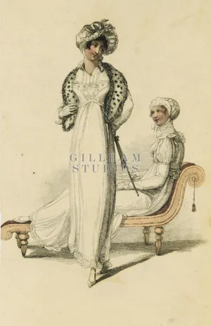 Two Victorian women in white dresses and bonnets