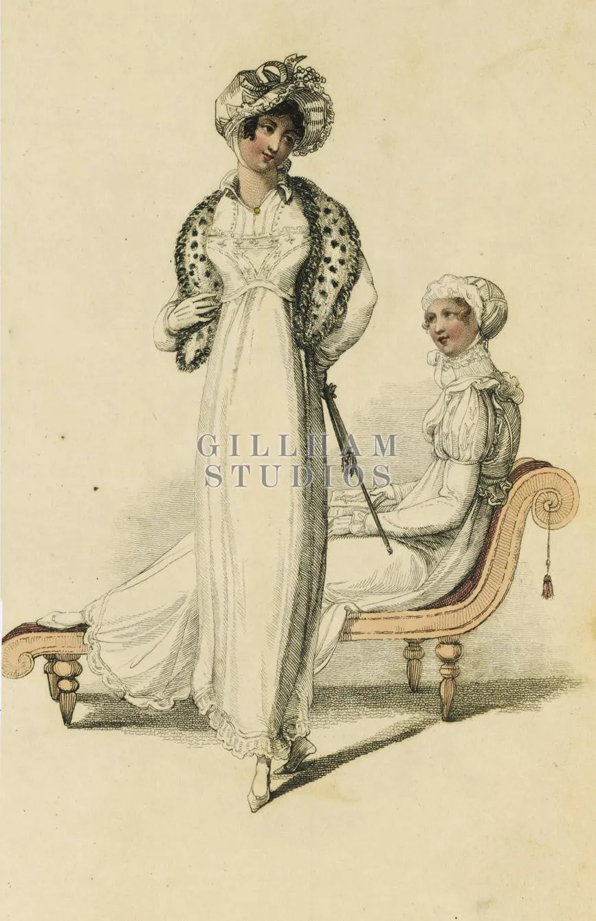 Two Victorian women in white dresses and bonnets
